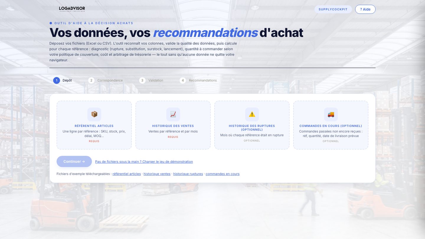 Capture d'écran de l'outil Prév'IA (SupplyCockpit) développé par Logadvisor